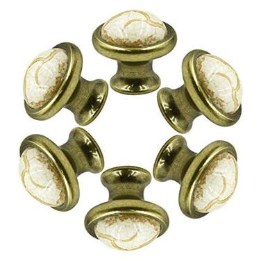 LC LICTOP 141 Inch Antique Brass Ceramic Drawer Knobs 6Pcs Single Hole Vintage Dresser Pulls Off White Cracking Pattern Cabinet Handle for Kitchen Cupboard