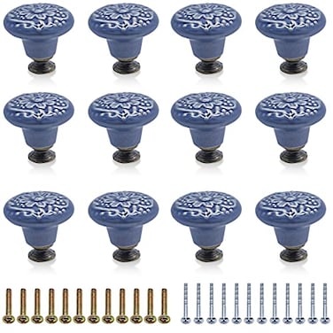 Litoexpe 12Pack Ceramic Cabinet Knobs Decorative Knob Kitchen Cabinet Knobs Drawer Pulls Door Knobs Glossy Drawer Handles Knobs with Mounting Screws 138 Inch Diameter Blue