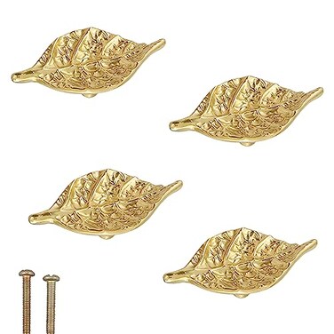 LLDYNW 4 pcs Brass Leaf KnobsDrawer Pulls with Vintage Style LeafLeaf Dresser HandlesGolden Leaf KnobsKitchen Cupboard Handlesfor Dresser Kitchen Cabinet Golden