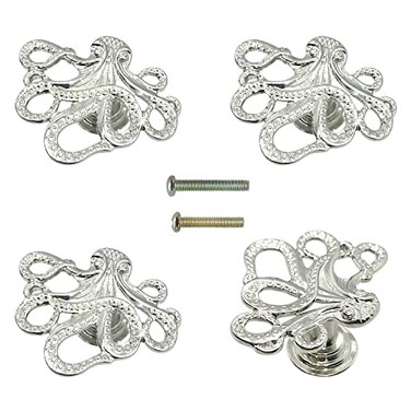 LLDYNW 4 pcs Octopus Drawer Knobs Creative Shape Drawer Knobs Single Hole Pulls Handles for Cupboard Dresser Wardrobe Handles Silver