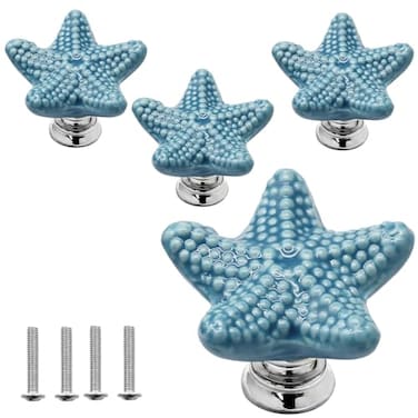 Luomorgo 4 Pack Ceramic Starfish Drawer Knobs Coastal Blue Cabinet Handles for Kitchen Dresser Wardrobe Cupboard Drawer Beach Theme Pulls with Screws