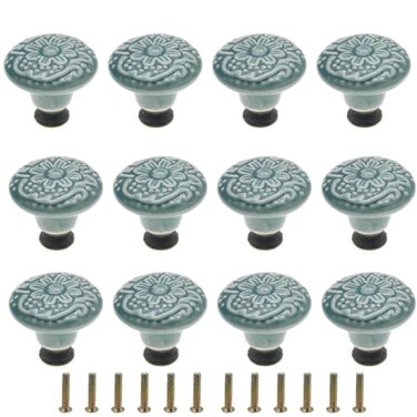 M MIMHOOY 12 Pcs Green Ceramic Cabinet Knobs Decorative Floral Drawer Dresser Knobs Handmade Furniture Pulls 134in Diameter