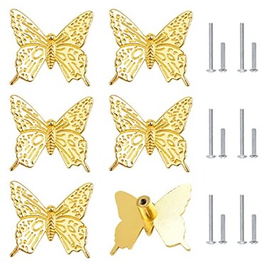 MOROBOR Butterfly Drawer Knobs 6pcs Gold Zinc Alloy Butterfly Pull Handle Hardware Cabinet Konbs for Wardrobe Cupboard Closets Cupboard