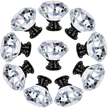 NORTHERN BROTHERS 10 Pack 40mm Crystal Cabinet Knobs Diamond Glass Drawer Knobs with 3 Screw Sizes for Dresser Kitchen Bathroom Black