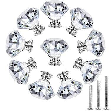 NORTHERN BROTHERS 10 Pack 40mm Crystal Cabinet Knobs Diamond Glass Drawer Knobs with 3 Screw Sizes for Dresser Kitchen Bathroom Silver