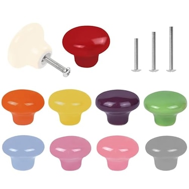 OctinPris 10x Colorful Cute Glossy Ceramic Knobs Door Pull Knob Cabinet Round Ceramic Drawer Cupboard Kitchen Dresser Kids Child Pulls Wardrobe Handles 32mm125