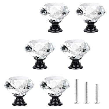 OctinPris 6pcs 30mm Crystal Glass Knobs Diamond Shaped Cabinet Knob with Black Base for Dresser in Bathroom Kitchen Office ect