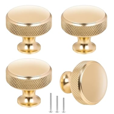 OctinPris Champagne Gold Cabinet Knob 4 Pack Gold Drawer Knobs with Knurled Edge Aluminium Round Dresser Pull Handle 30mm for Kitchen Bathroom Closet Door Furniture Hardware