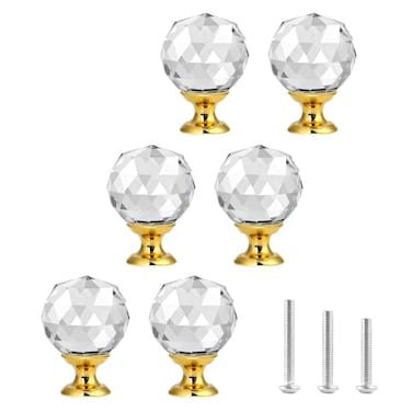 OctinPris Crystal Cabinet Knobs 6 Pack Crystal Dresser Knob Clear BallShape Diamond Glass Drawer Pulls 30mm with Gold Base for Kitchen Bathroom Cupboard Closet Door