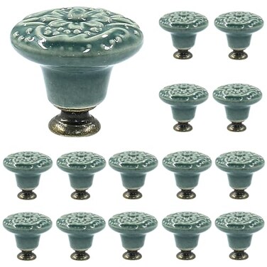 Piutouyar Green Ceramic knobs Kitchen Cabinet Knobs Retro Dresser Knobs Drawer Knobs Furniture Knobs and Pulls for Drawer Dressers Cupboard Closet 34mm 13Inch Diameter15Pcs