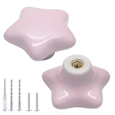 Qjaiune 2pcs Ceramic Cabinet Knobs Light Pink Drawer Knobs Star Shaped Dresser Knobs Cute Kitchen Cabinet Pull Handles Small Vanity Knobs Hardware Closet Cupboard Knobs for Kids Girls Bedroom