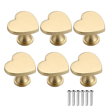 QKDS 6pcs Brass Drawer Knobs Heart Shape Cupboard Wardrobe Handles Cabinet Dresser Pulls Handles Kitchen Furniture Knobs for Home Bedroom with ScrewsGold
