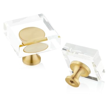 QOGRISUN 5 Pack Square Glass Cabinet Knobs 118 Brushed Gold Drawer Knobs Modern Geometric Decorative Pulls for White Kitchen Cupboard Dresser Bathroom Vanity