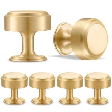 RZDEAL 6pcs Solid Brass Gold Cabinet Knobs 1 Inch Round Cabinets Pulls for Kitchen Drawer and DresserBrass Brushed Finish
