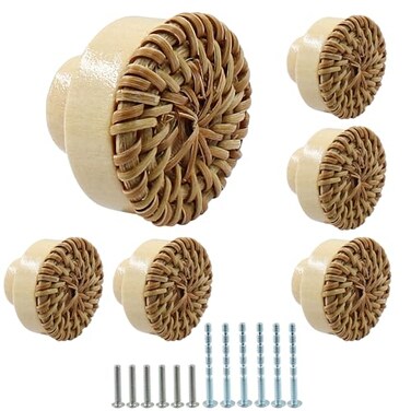 suiwotin Suiwotin 6pcs Rattan Dresser Knobs Boho Natural Wood Wicker Woven Drawer Pulls Wooden Decorative Cabinet Handles for Pantry Cupboard Furniture Large
