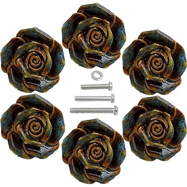 Tecrio Retro Floral Dresser Knobs Vintage Ceramic Rose Cabinet Cupboard Dresser Drawer Knobs and Pulls Set of 6 with Screws Blue