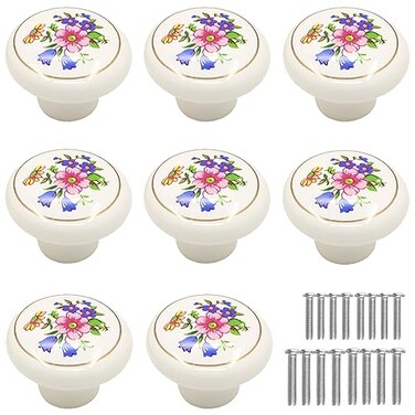 Tverghvad Antique Ceramic Drawer Knobs 8 Pack Vintage Flower Round Cabinet Knobs and Pulls Kitchen Furniture Knobs for DresserCupboardWardrobeCloset Flower White 8 Pieces