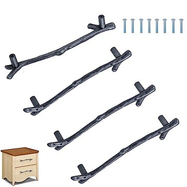 Brosay Twig Branch Cabinet Knobs Vintage Drawer Pulls Black Tree Twig Dresser Knob Double Hole Knobs for Farmhouse Dresser Drawers Handles 4 Pcs Ancient Silver 128mm