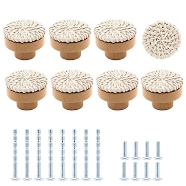 Unlorspy 8 Pcs Boho Rattan Dresser Drawers Knobs 40mm157 Inch Round Wooden Drawer Knobs with Wicker Woven Boho Furniture Hardware Beige