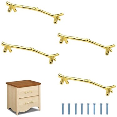 Brosay Vintage Drawer Knobs Black Tree Twig Dresser Knobs Zinc Alloy Pulls Double Hole for Farmhouse Dresser Drawers 4 Pcs Gold 96mm