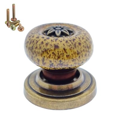 Wannianmu 10 Pack Retro Ceramic Knobs Vintage Dresser Leopard Kitchen Petal Cabinet Pulls Rustic Zinc Alloy Base Backplate Cupboard Wardrobe Drawer Door Handles Leopard Print Yellow