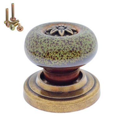 Wannianmu 5 Pack Retro Ceramic Knobs Vintage Dresser Leopard Kitchen Petal Cabinet Pulls Rustic Zinc Alloy Base Backplate Cupboard Wardrobe Drawer Door Handles Leopard Print Green