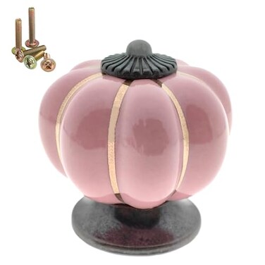 Wannianmu 5 Pack Vintage Ceramic Pumpkin Cabinet Knobs Kitchen Cabinet Drawers Dresser Cupboard Pull Handles Door Pulls with 5 Kinds of Screws Pink