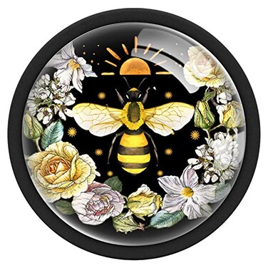 XunYee 12 Pcs Bee Dresser Cabinet Knobs Golden Bee Pattern Honeybee Decor Home Glass Round Furniture Knobs Wardrobe Pull Circle Cupboard Handles with Screws for Kitchen Door Home Bathroom Office