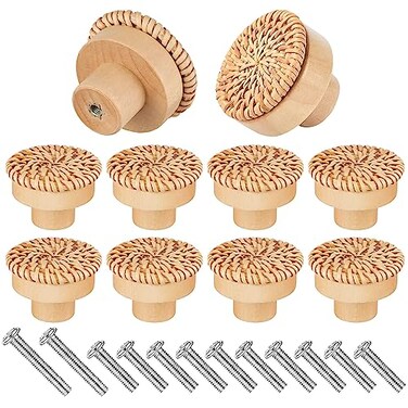 YHNTGB 10pcs Boho Rattan Cabinet Knobs Natural Wood Drawer Pulls Handles with 10 Screws for Dresser Handmade Kitchen Furniture Nursery Home DIY Cupboard Wardrobe