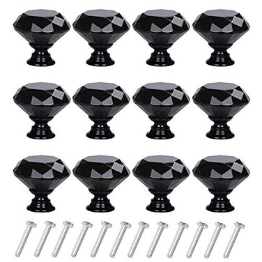 YourGift 12 Pack Drawer Knobs Diamond Shaped Crystal Glass 40mm Cabinet Knobs Pull Handles 40 mm 12 Pack All Black
