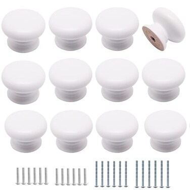 YuGtcen 12pcs Wooden Cabinet Knobs Wood Dresser Knobs Kitchen Cabinet Knobs Modern Round Knobs for Furniture Cupboard Dresser Drawer Closet Door White