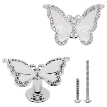 YuGtcen 2pcs Cabinet Knobs Crystal Knobs for Drawers Butterfly Knob for Dresser Decorative Handles Cute Butterfly Drawer Pulls for Kitchen Girls Room Bathroom White