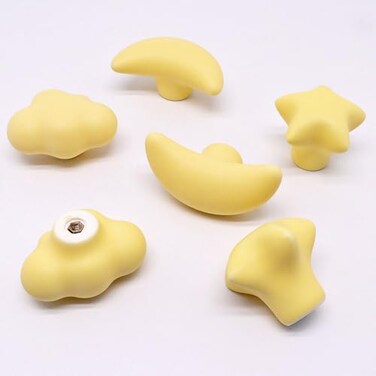 YuGtcen 6pcs Ceramic Cabinet Knobs Star Moon Cloud Shape Yellow Drawer Knobs Unique Cute Drawer Pulls Handles Nursery Dresser Knob for Kitchen Room Cupboard Closet Vanity Decorative Yellow