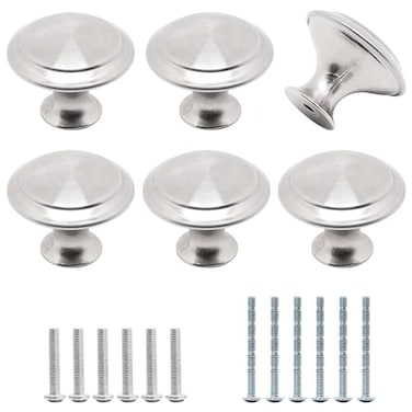 YuGtcen Cabinet Knobs 6 Pack Stainless Steel Kitchen Cabinet Knobs 116 inch Handles Furniture Hardware Pulls Modern Round Knob for Dresser Drawers Cupboard Closet Door Bushed Silver 6