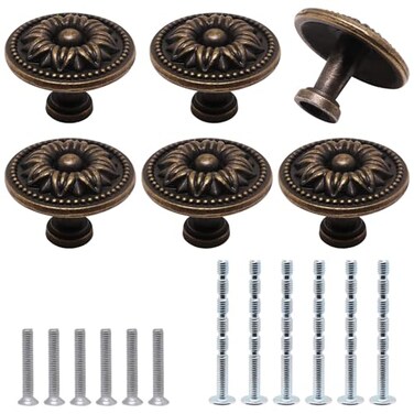 YuGtcen Cabinet Knobs 6 Pack Vintage Drawer Knobs Kitchen Cabinet Knob 124 Furniture Hardware Pulls Modern Round Knob for Dresser Cupboard Dresser Closet Sunflower Bronze 6