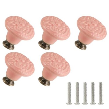 Zernmiarder Pink Ceramic Knobs 10 Pack Flower Drawer Pulls Vintage Cabinet Knobs Antique Dresser Pulls with Screws for Closet Drawer Cupboard Cabinet and DIY Home Project