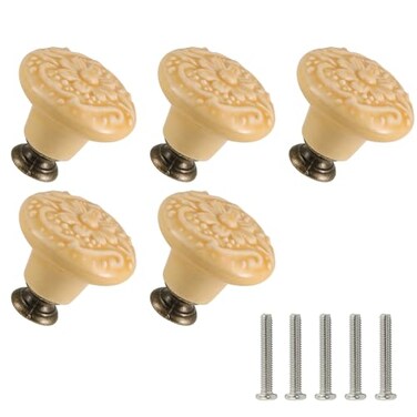 Zernmiarder Warm Beige Ceramic Knobs 10 Pack Flower Drawer Pulls Vintage Cabinet Knobs Antique Dresser Pulls with Screws for Closet Drawer Cupboard Cabinet and DIY Home Project