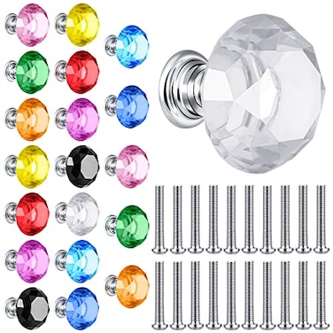 Qunclay 20 Pieces Crystal Cabinet Knobs 30 mm Drawer Pulls Colorful Dresser Knobs Crystal Diamond Shape Dresser Handles for Furniture Office Kitchen BathroomMixed Colors