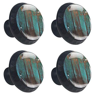 Lilibeely 4 Pieces Set Cabinets Hardware Round Furniture Knobs Country Rustic Distressed Teal Green Barn Wood PrintDrawer Dresser Cupboard Wardrobe Pulls Handles for Home Kitchen