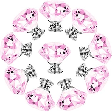 NORTHERN BROTHERS 10 Pack 30mm Crystal Cabinet Knobs Diamond Glass Drawer Knobs with 3 Screw Sizes for Dresser Kitchen Bathroom Pink