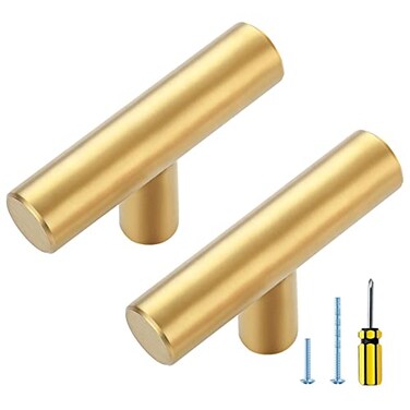 Ravinte 5 Pack Gold T Bar Cabinet Knobs 2 Inch Dresser Knobs Brushed Brass Single Hole Drawer Knobs Cabinet Handles