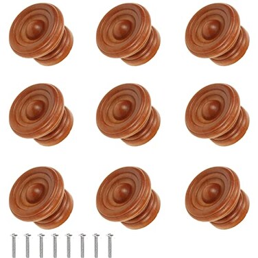 Bitray Red Wood Knobs Round Wood Drawer Knobs Red Brown Finished Wooden Kitchen Cabinet Pulls Handles 10PCS