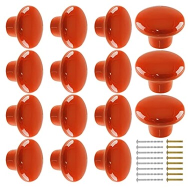 Qjaiune 15pcs Ceramic Cabinet Knobs Orange Drawer Knobs Round Shaped Dresser Knobs Cute Kitchen Cabinet Pull Handles Small Vanity Knobs Hardware Closet Cupboard Knobs for Kids Girls Boys Bedroom