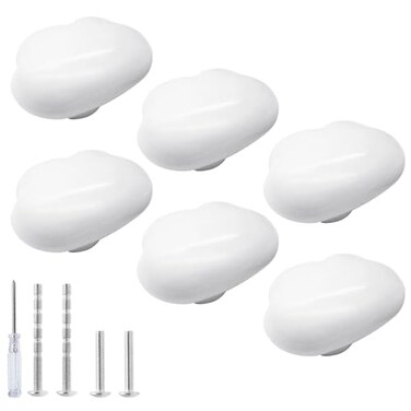 Qjaiune 6pcs Ceramic Cabinet Knobs White Drawer Knobs Cloud Shaped Dresser Knobs Cute Kitchen Cabinet Pull Handles for Kids Bedroom