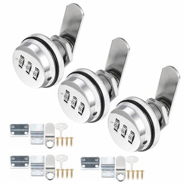 Kitmose 3 Pack Combination Cabinet Cam Lock Password Coded Lock with 34 Cylinder and Chrome Finish Security CombiCam Lock for Cabinet Filing Drawers Mailbox Silver