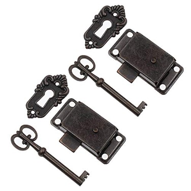 Kyuionty 2 Sets Skeleton Key Lock Decorative Antique Red Bronze Cabinet Lock with Key for Chest Cupboard Furniture