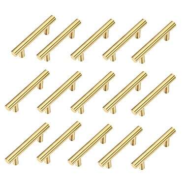 Kitmose 15 Pack Cabinet Pulls Brushed Gold Stainless Steel T Bar Pull Handles for Kitchen Cabinet Cupboard Drawer Door Handle Pull Knobs Overall Length 4 Hole Center 212