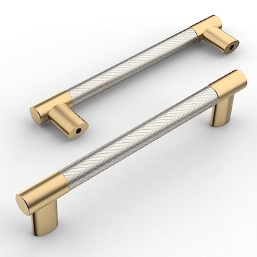 Amerdeco 10 Pack Brushed Nickel and Gold Knurled Cabinet Pulls 5 Inch Hole Center Brushed Brass Kitchen Cabinet Handles for Drawer Cupboard and Wardrobe ZH0038