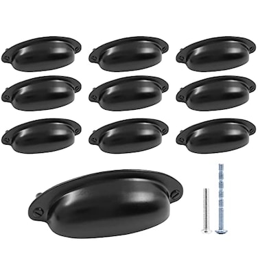 Auvotuis 10Pcs 35Inch Hole Spacing Cup Pull Handles Vintage Farmhouse Style Flat Cabinet Cup Pulls for DrawerDresser Bin Black