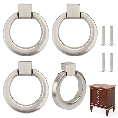 Brosay Drop Ring Drawer Pulls 4Pcs Antique Round Cabinet Ring Pulls Dresser Brushed Gold Cabinet Pulls for Furniture Hardware Cupboard Closet Door Handle ChromeGray
